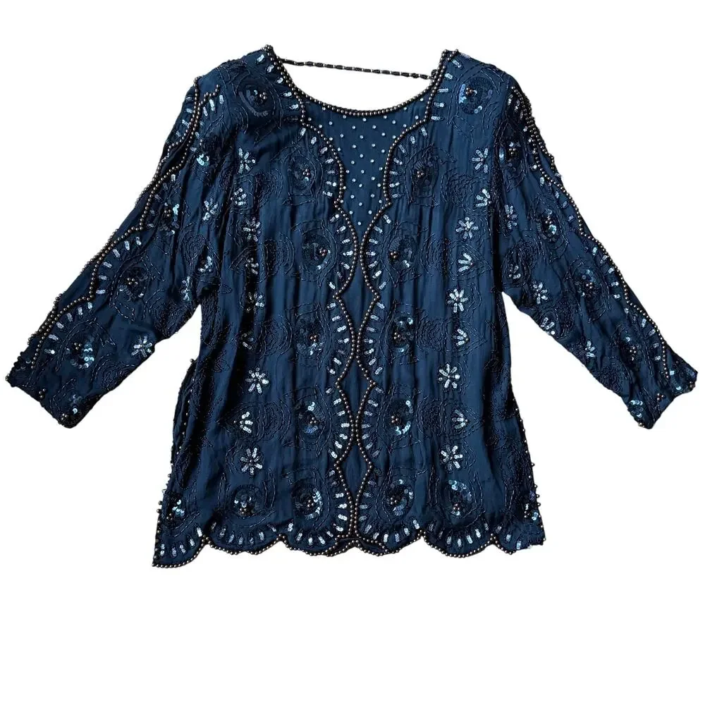 Vintage JLB Silk Black Beaded Sequin Tunic Top Size L (approx) 80's 90's Holiday - Picture 2 of 15